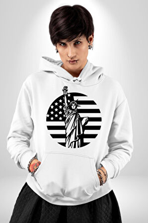 Özgürlük Anıtı ve Amerikan Bayrağı Silüeti Kadın Erkek  Beyaz Kapüşonlu Sweatshirt Hoodie