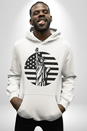 Özgürlük Anıtı ve Amerikan Bayrağı Silüeti Kadın Erkek  Beyaz Kapüşonlu Sweatshirt Hoodie
