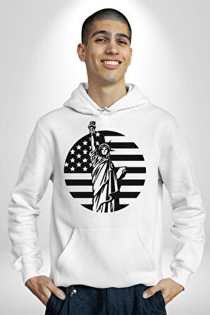 Özgürlük Anıtı ve Amerikan Bayrağı Silüeti Kadın Erkek  Beyaz Kapüşonlu Sweatshirt Hoodie