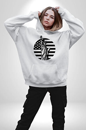 Özgürlük Anıtı ve Amerikan Bayrağı Silüeti Kadın Erkek  Beyaz Kapüşonlu Sweatshirt Hoodie