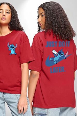 DO IT LATER Stitch Biberon Animasyon Kırmızı Oversize Kadın Erkek Ön ve Sırt Baskılı Tişört