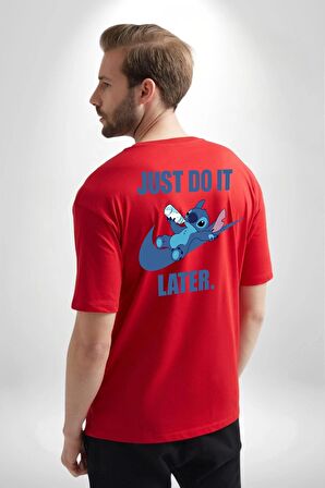 DO IT LATER Stitch Biberon Animasyon Kırmızı Oversize Kadın Erkek Ön ve Sırt Baskılı Tişört
