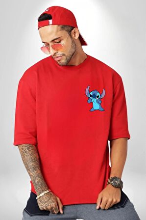DO IT LATER Stitch Biberon Animasyon Kırmızı Oversize Kadın Erkek Ön ve Sırt Baskılı Tişört