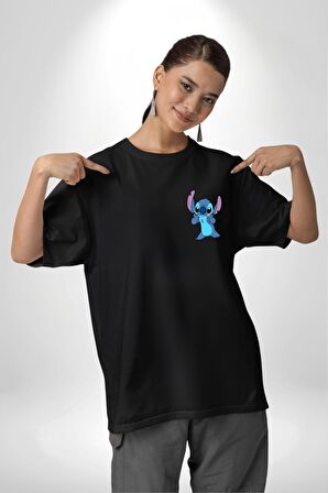 DO IT LATER Stitch Biberon Animasyon Siyah Oversize Kadın Erkek Ön ve Sırt Baskılı Tişört