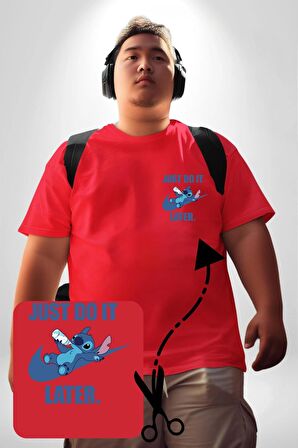 DO IT LATER Stitch Biberon Animasyon Kırmızı Büyük Beden Kadın Basic Minimal Baskılı Tişört