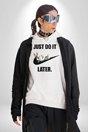 Just Do It Later Nike Bug Bunny Kadın Erkek  Beyaz Kapüşonlu Sweatshirt Hoodie