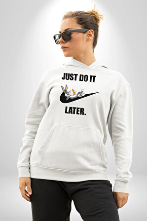 Just Do It Later Nike Bug Bunny Kadın Erkek  Beyaz Kapüşonlu Sweatshirt Hoodie