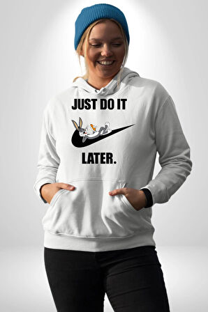 Just Do It Later Nike Bug Bunny Kadın Erkek  Beyaz Kapüşonlu Sweatshirt Hoodie