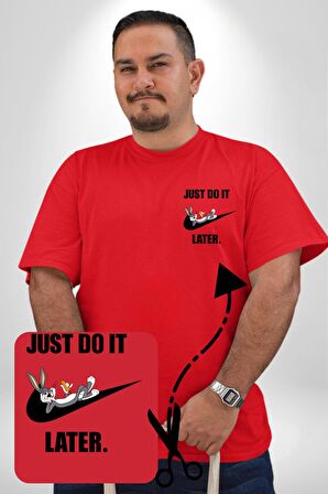 Just Do It Later Nike Bug Bunny Kırmızı Büyük Beden Kadın Basic Minimal Baskılı Tişört