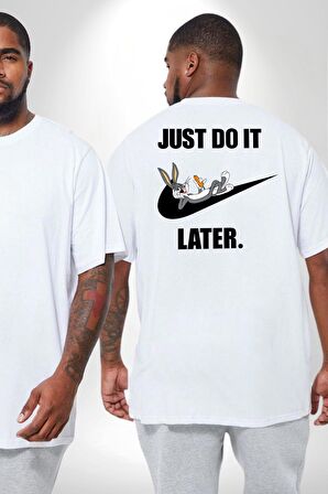 Just Do It Later Nike Bug Bunny Büyük Beden Beyaz Tişört Kadın Erkek Ünisex Sırt Baskılı