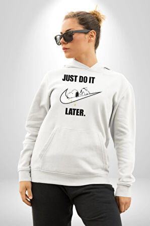 Snoopy Uyku Just Do İt Later Kadın Erkek  Beyaz Kapüşonlu Sweatshirt Hoodie