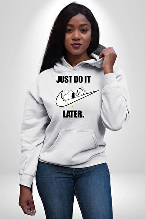 Snoopy Uyku Just Do İt Later Kadın Erkek  Beyaz Kapüşonlu Sweatshirt Hoodie