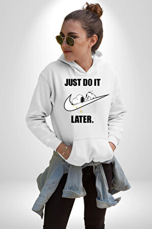 Snoopy Uyku Just Do İt Later Kadın Erkek  Beyaz Kapüşonlu Sweatshirt Hoodie