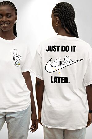 Snoopy Uyku Just Do İt Later Beyaz Oversize Kadın Erkek Ön ve Sırt Baskılı Tişört