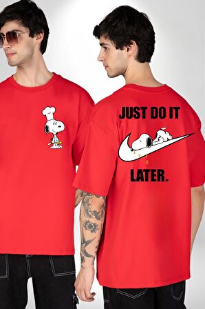 Snoopy Uyku Just Do İt Later Kırmızı Oversize Kadın Erkek Ön ve Sırt Baskılı Tişört