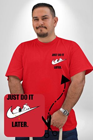 Snoopy Uyku Just Do İt Later Kırmızı Büyük Beden Kadın Basic Minimal Baskılı Tişört