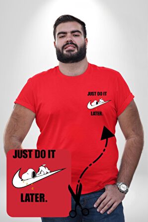 Snoopy Uyku Just Do İt Later Kırmızı Büyük Beden Kadın Basic Minimal Baskılı Tişört
