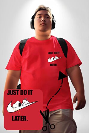 Snoopy Uyku Just Do İt Later Kırmızı Büyük Beden Kadın Basic Minimal Baskılı Tişört