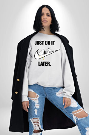 Snoopy Uyku Just Do İt Later Kadın Erkek Beyaz Sweatshirt 