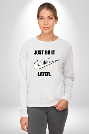 Snoopy Uyku Just Do İt Later Kadın Erkek Beyaz Sweatshirt 