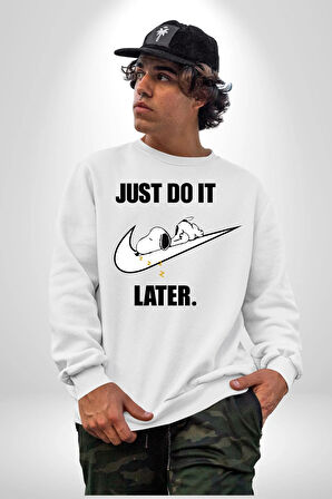 Snoopy Uyku Just Do İt Later Kadın Erkek Beyaz Sweatshirt 