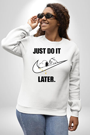 Snoopy Uyku Just Do İt Later Kadın Erkek Beyaz Sweatshirt 