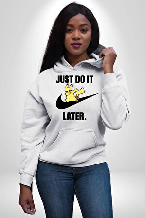 Pikachu Sadece İstenileni Yap Kadın Erkek  Beyaz Kapüşonlu Sweatshirt Hoodie