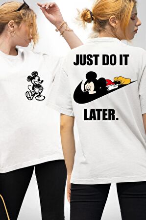 Mickey Bekleme Yap Spor Beyaz Oversize Kadın Erkek Ön ve Sırt Baskılı Tişört