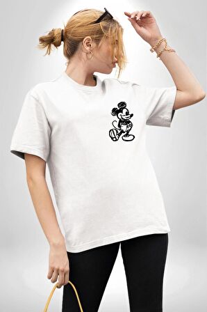 Mickey Bekleme Yap Spor Beyaz Oversize Kadın Erkek Ön ve Sırt Baskılı Tişört