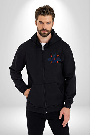 Rock And Roll Rock El İşareti Kadın Erkek Siyah Kapüşonlu Fermuarlı Baskılı Hırka Sweatshirt