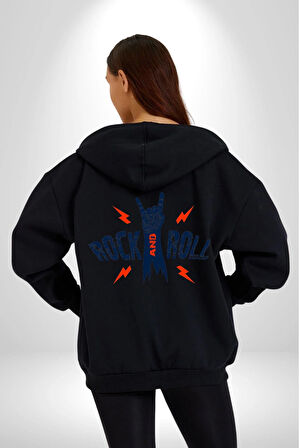 Rock And Roll Rock El İşareti Kadın Erkek Siyah Kapüşonlu Fermuarlı Baskılı Hırka Sweatshirt