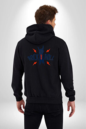 Rock And Roll Rock El İşareti Kadın Erkek Siyah Kapüşonlu Fermuarlı Baskılı Hırka Sweatshirt
