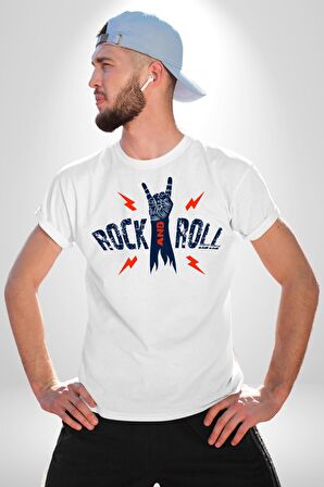 Rock And Roll Rock El İşareti Kadın Erkek Unisex Beyaz Organik Baskılı T-Shirt Penye Yüksek Kalite