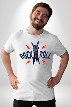 Rock And Roll Rock El İşareti Kadın Erkek Unisex Beyaz Organik Baskılı T-Shirt Penye Yüksek Kalite