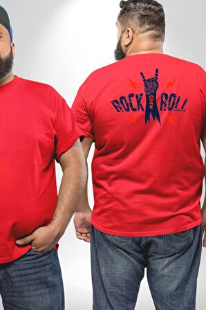 Rock And Roll Rock El İşareti Büyük Beden Kırmızı Tişört Kadın Erkek Ünisex Sırt Baskılı