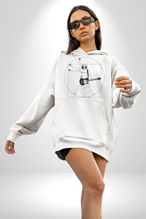 Anatomy Gitar Leonardo Kadın Erkek  Beyaz Kapüşonlu Sweatshirt Hoodie