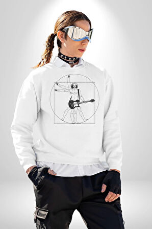 Anatomy Gitar Leonardo Kadın Erkek Beyaz Sweatshirt 