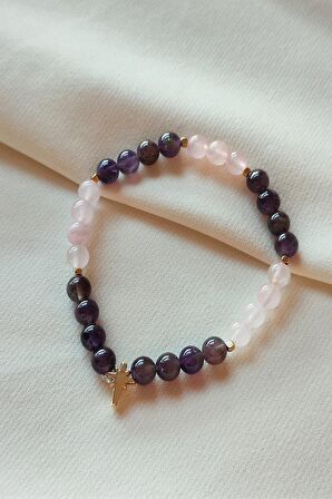 Sertifikalı 6 Mm Pembe Kuvars, Ametist Doğaltaş Bileklik