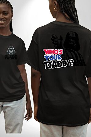 Darth Vader Senin Baban Kim ? Siyah Oversize Kadın Erkek Ön ve Sırt Baskılı Tişört