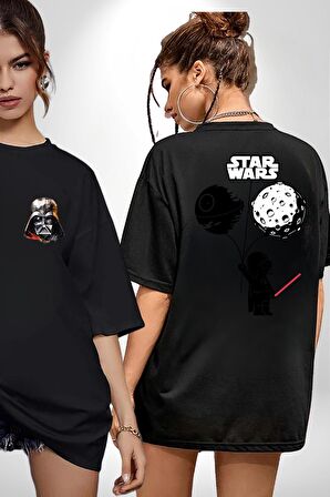 Bebek Darth Vader Balon Gezegen Siyah Oversize Kadın Erkek Ön ve Sırt Baskılı Tişört