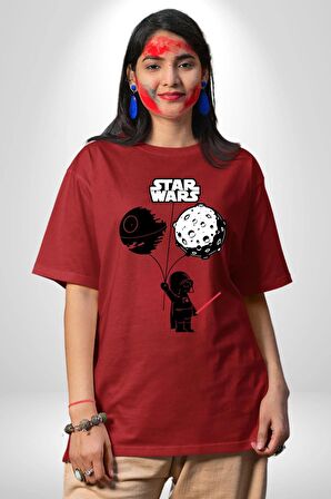 Bebek Darth Vader Balon Gezegen Pamuklu Bisiklet Yaka Kadın Erkek Oversize Boyfriend Dijital Baskılı Kırmızı T-shirt