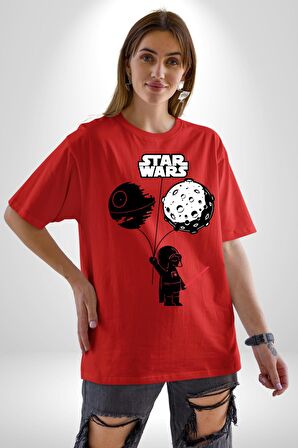 Bebek Darth Vader Balon Gezegen Pamuklu Bisiklet Yaka Kadın Erkek Oversize Boyfriend Dijital Baskılı Kırmızı T-shirt