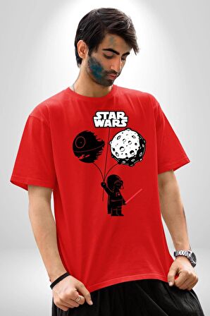 Bebek Darth Vader Balon Gezegen Pamuklu Bisiklet Yaka Kadın Erkek Oversize Boyfriend Dijital Baskılı Kırmızı T-shirt