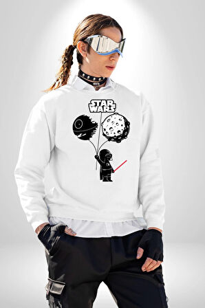 Bebek Darth Vader Balon Gezegen Kadın Erkek Beyaz Sweatshirt 