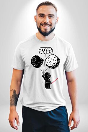 Bebek Darth Vader Balon Gezegen Kadın Erkek Unisex Beyaz Organik Baskılı T-Shirt Penye Yüksek Kalite