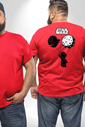 Bebek Darth Vader Balon Gezegen Büyük Beden Kırmızı Tişört Kadın Erkek Ünisex Sırt Baskılı