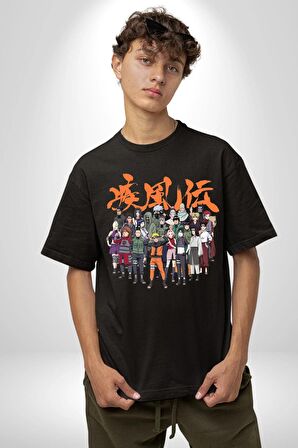 Naruto Shippuden Oyuncuları Pamuklu Bisiklet Yaka Kadın Erkek Oversize Boyfriend Dijital Baskılı Siyah T-shirt