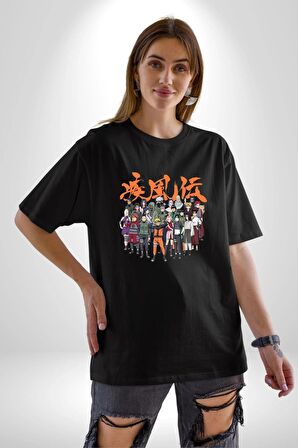 Naruto Shippuden Oyuncuları Pamuklu Bisiklet Yaka Kadın Erkek Oversize Boyfriend Dijital Baskılı Siyah T-shirt