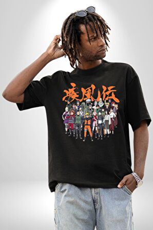 Naruto Shippuden Oyuncuları Pamuklu Bisiklet Yaka Kadın Erkek Oversize Boyfriend Dijital Baskılı Siyah T-shirt