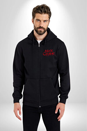 Alice Cooper Rock Solist Metalin Babası From The İnside İçeriden 1978 Kadın Erkek Siyah Kapüşonlu Fermuarlı Baskılı Hırka Sweatshirt